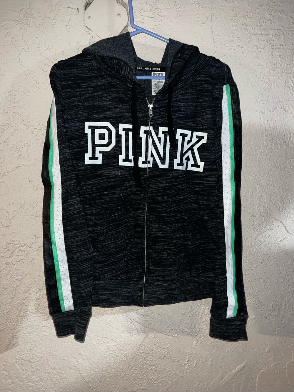 PINK Victoria's Secret Black Zip Hoodie with Green & White Sleeve Stripes